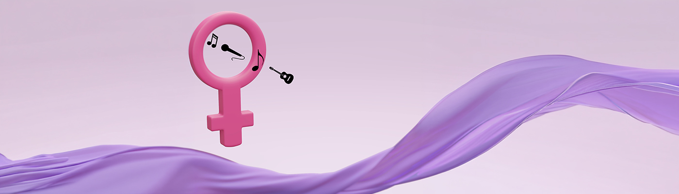 Kvinnotecken med noter och flygande sjal i lila